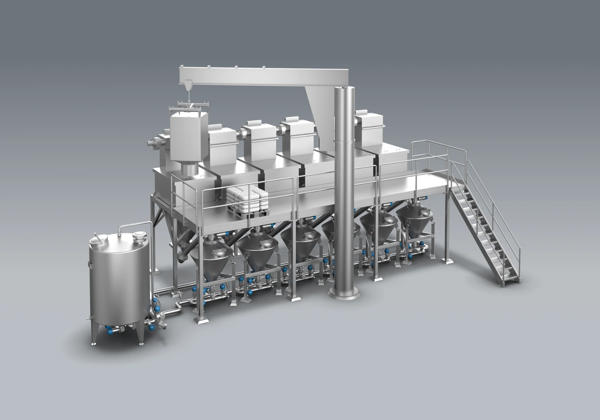 3D-Visualisierung einer Industrieanlage zur Pulverlösung von Miteco.